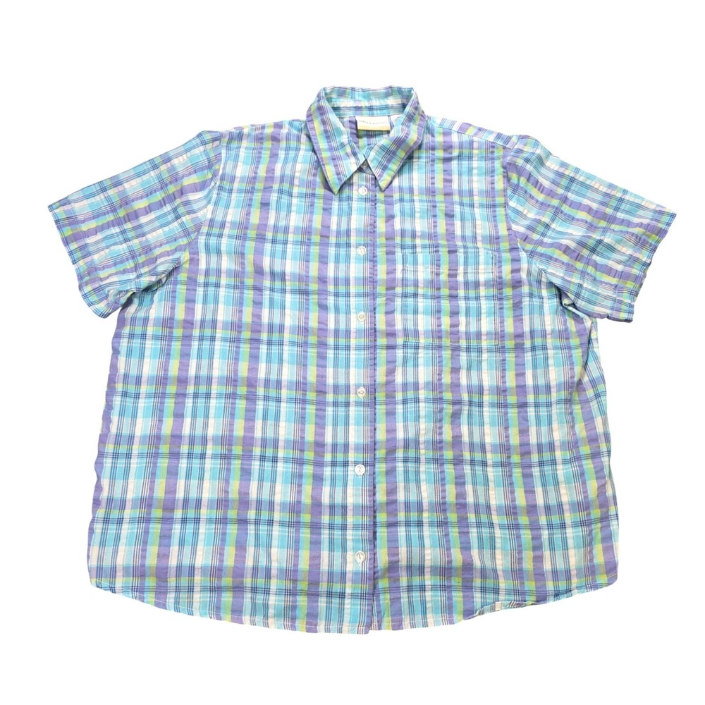Alfred Dunner Plaid Button Up Blouse Women's Size 20W Blue Purple Short Sleeve